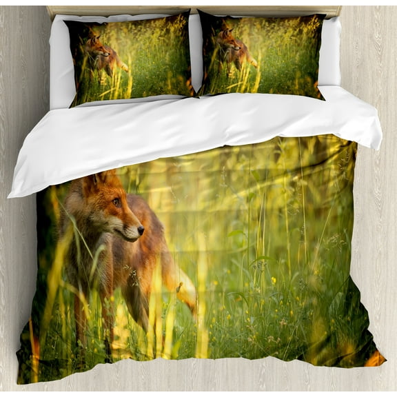 Fox Duvet Cover Set, Fox in the Summer Forest Fresh Meadow Grass Wilderness Vixen Mammal Nature, Decorative 3 Piece Bedding Set with 2 Pillow Shams, King Size, Orange Yellow Green, by Ambesonne