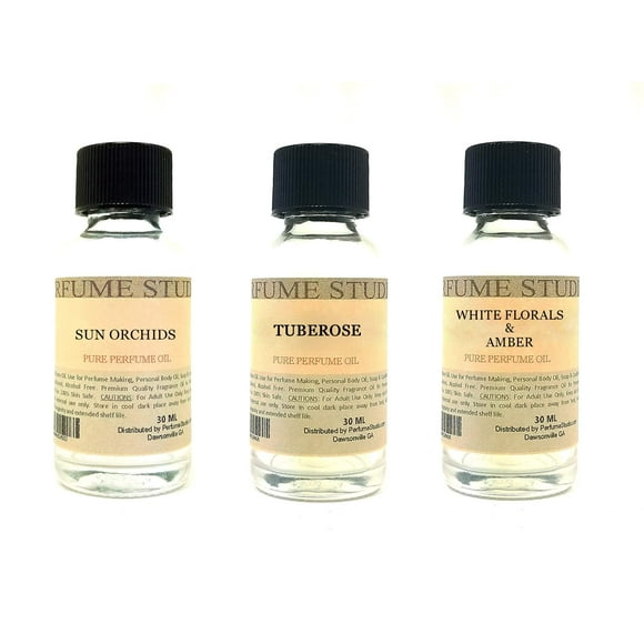 Fragrance Oil Set 3-Pk 1oz Each for Making Soaps, Candles, Bath Bombs, Lotions, Room Sprays, Colognes (White Floral, Sun Orchid, Tuberose, White Flowers & Amber)
