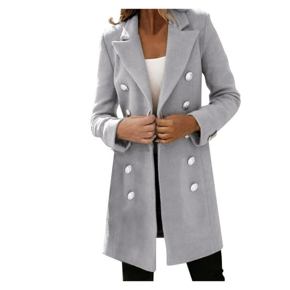 Women's Wool Blend Trench Coat Long Double Notch Lapel Peacoat Jacket for Fall Winter Business Casual Outerwear