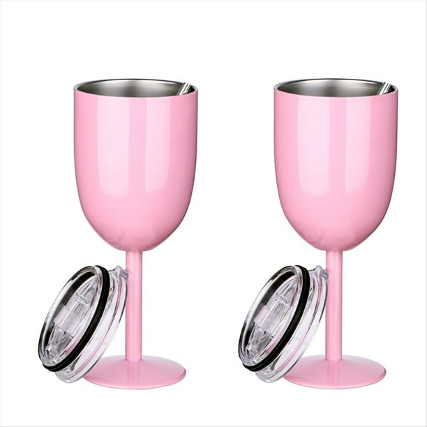 2 Copas de Vino Rosadas Aisladas, Copa de Vino de Viaje de Acero Inoxidable de Alimenticio de Doble Pared con Tapa A Prueba de Fugas para Adultos