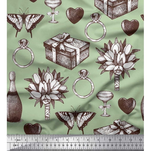 Soimoi Rayon Fabric Gift Box,Flower Bouquet & Ring Women Decor Fabric Printed Yard 42 Inch Wide