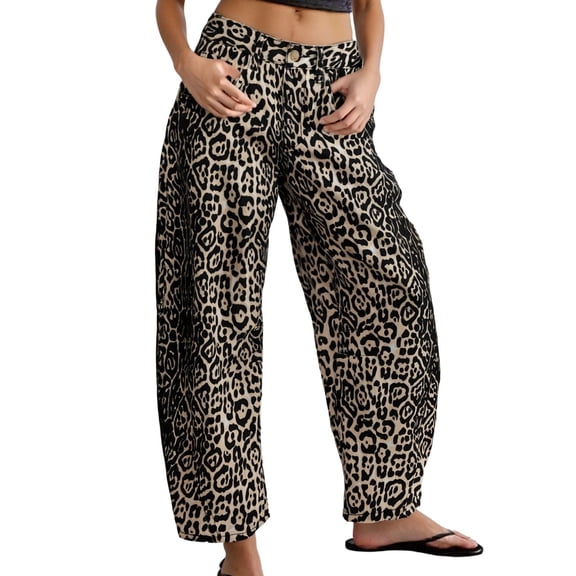 Ticikt Women's Barrel Boyfriend Baggy Leopard Print Jeans Mid Rise Cropped Wide Leg Jeans for Women Trendy,Color:OTHER,Size:XL