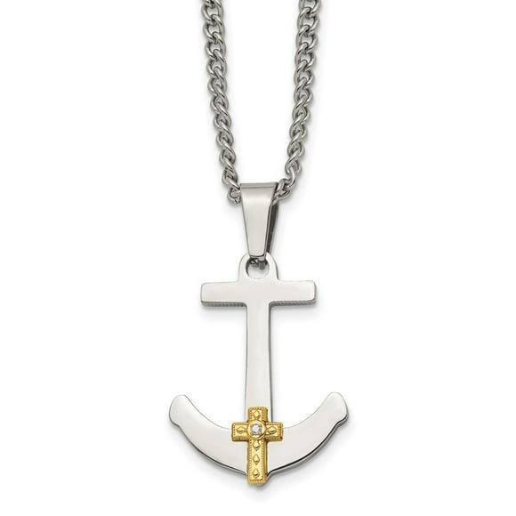 Diamond2Deal Stainless Steel with 14K Gold and Diamond Anchor Mariner Cross Pendant on a Curb Chain Necklace for Men 24"