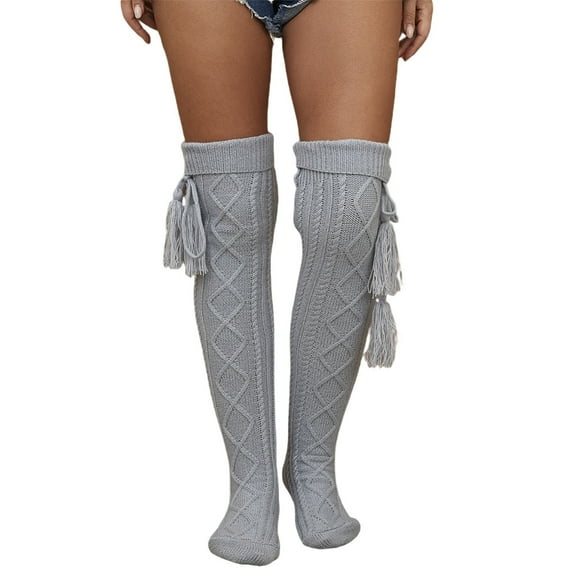 Yuanlong Womens Socks Plain Ribbed Knitted Thigh High Stocking With Tassel Pendant Daliy Soft Tights Leg Warmers Tall Socks