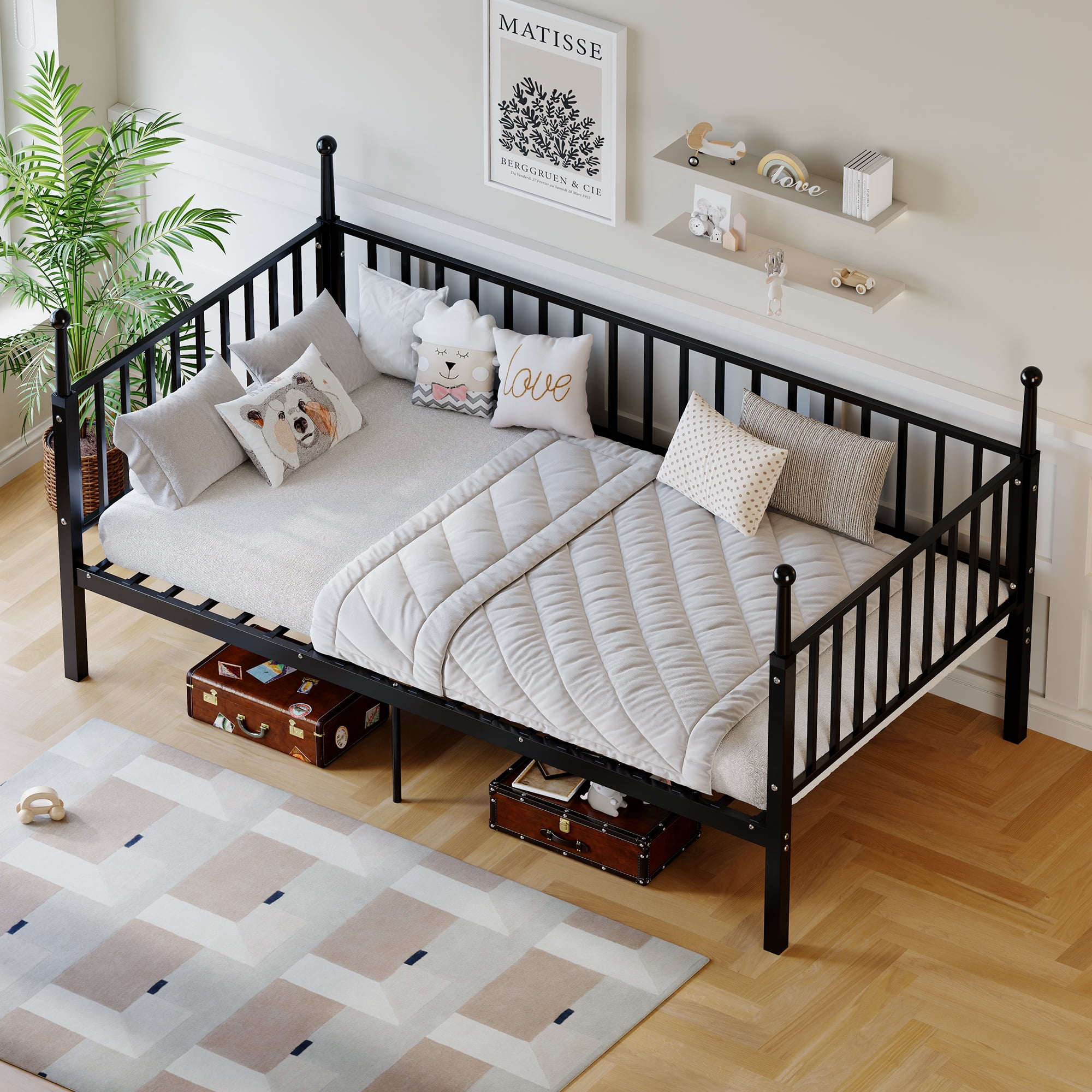 Leumius Twin Size Metal Bed Frame with Bed Posts,Sturdy and Durable,No Spring Mattress Required,Black