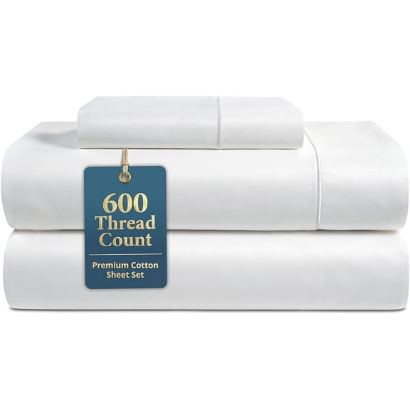 Twin Sheets 100% Cotton Sateen 600 Thread Count Deep Pocket 4 Piece Soft Breathable Luxury OEKO-TEX Certified Machine Washable All Season White