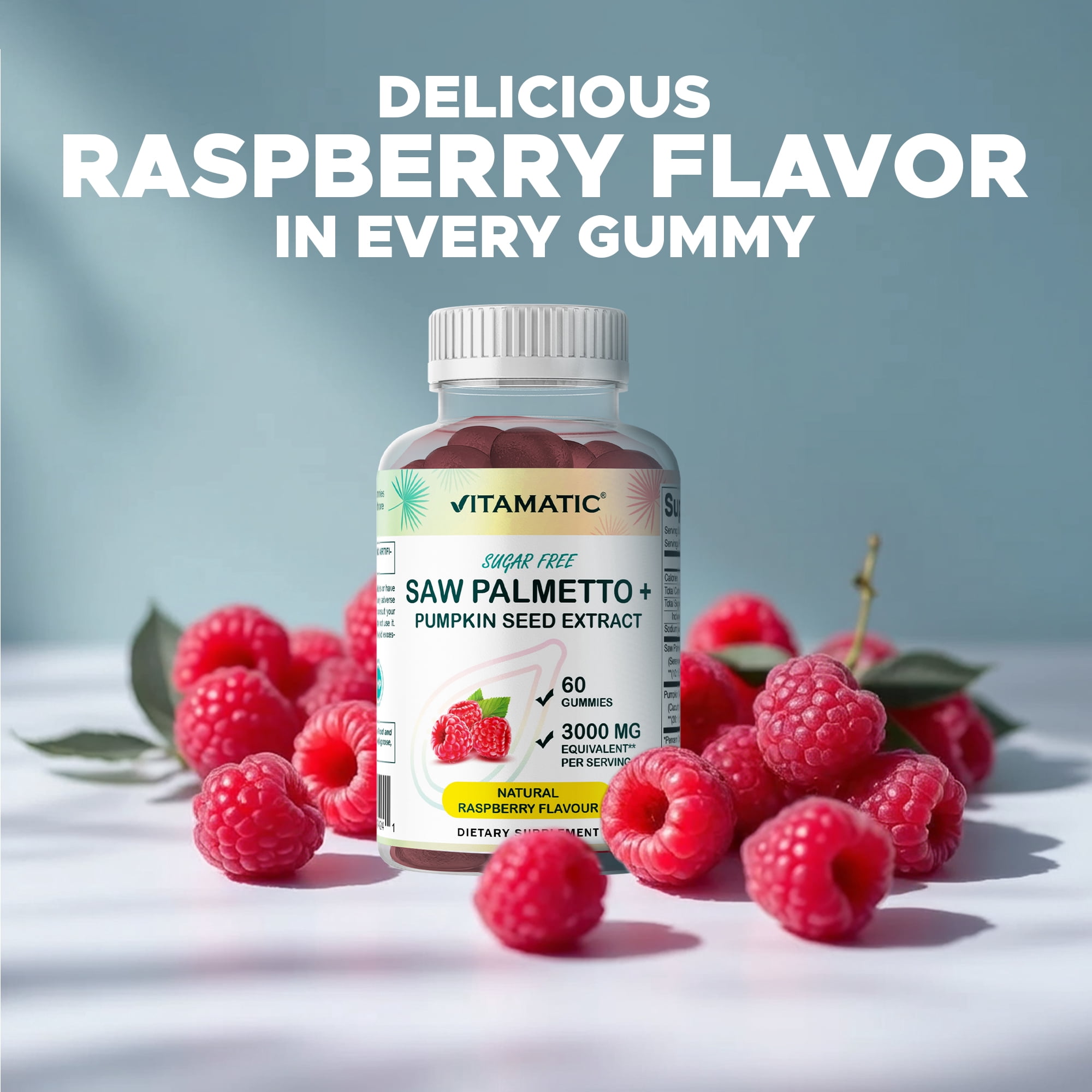 (2 pack) Vitamatic Sugar Free Saw Palmetto with Pumpkin Seed - 3000 mg Equivalent per Serving - Natural Raspberry Flavor - 60 Count