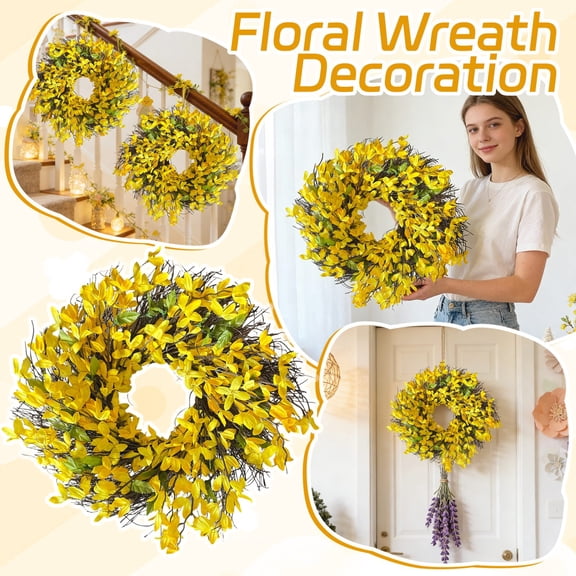 19.7 Inch Spring Wreaths for Front Door Large Easter Forsythia Floral Summer Spring Door Wreaths Outdoor All Season Spring Decorations for Home Porch Room Window Wall Farmhouse Decor (Yellow)