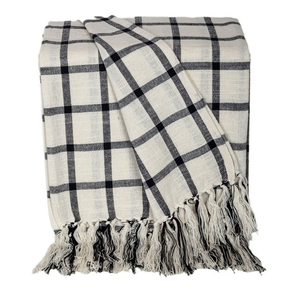 Nassau Collection Plaid Cotton Throw Blanket with Tassels - 50" x 60" - White and Charcoal