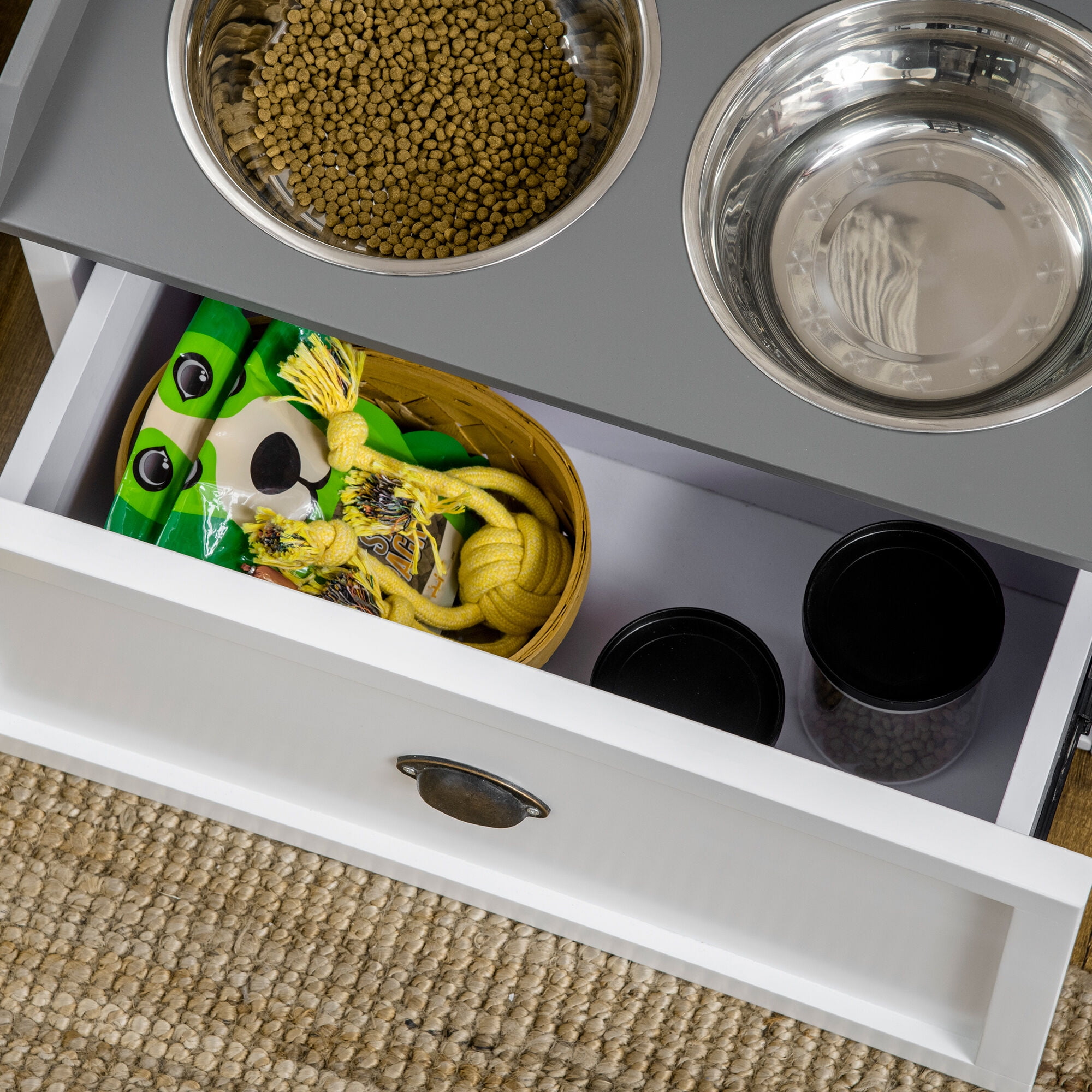 Orthopedic Dog Bed, PawHut Dog Feeding Station with Storage Drawer, Dog Food Storage Cabinet with 2 Removable Elevated Dog Bowls for Large Sized Dogs, White, White Dog Bed,Mdf Cat Bed