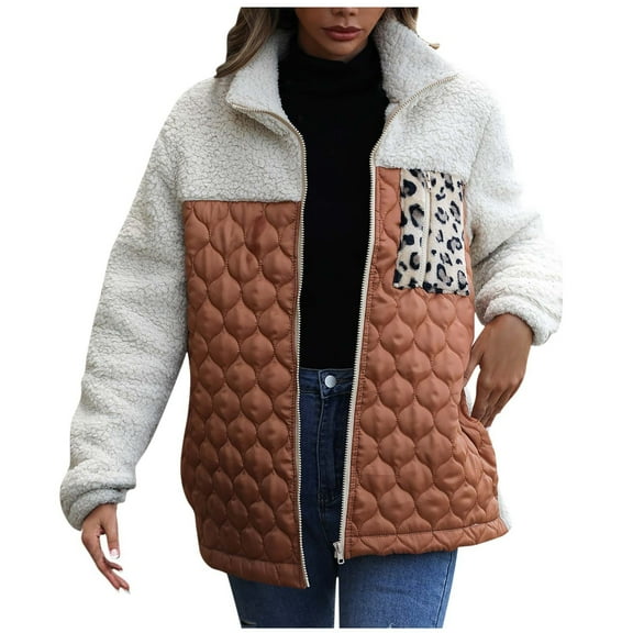 Winter Coats for Women Sharp Lapel Zip Jackets Leopard Patchwork Jacket Down Plush Jacket Fleece Outwear with Pocket Jackets for Women