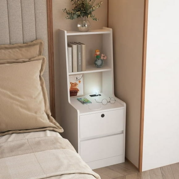 Nightstand with Charging Station, Smart Nightstand with Night Light, Modern Night Stand with Bookshelf, Bedside Tables with Storage Cabinet for Bedroom, Black
