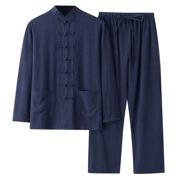 Men Suits Linen Traditional Mandarin Collar Long Sleeve Outfit With Frog Buttons For Casual Wear Navy M