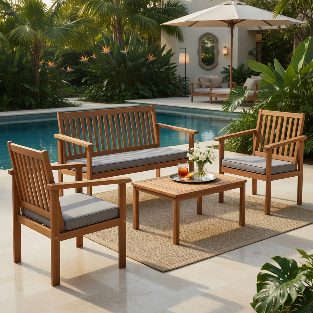 Hommoo 4-Piece Acacia Wood Patio Furniture Set, Cushioned Loveseat, 2 Chairs & Coffee Table for Backyard, Poolside, Porch, Gray