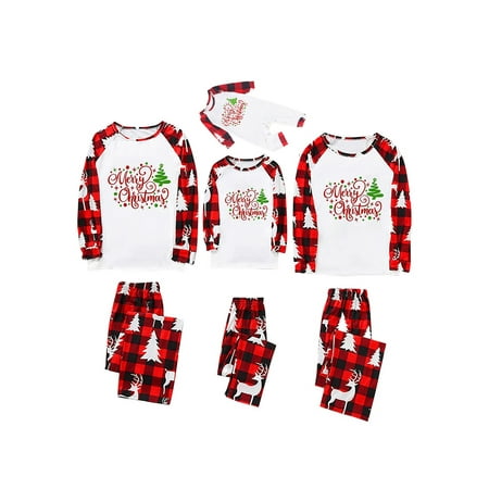 

Suanret Christmas Family Pajamas Matching Set Long Sleeve Letters Print T-shirt Plaid Pants Sleepwear Loungewear Red Mom-S