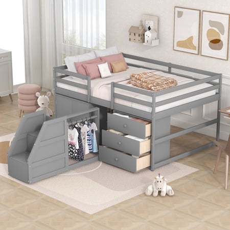 Full Size Loft Bed with Cabinet  Functional Loft Bed with 3 Drawers and Hanging Clothes at Back of Staircase for Kids Teens Adults  Wooden Bedframe with Movable Wheels  Maximum Space for Bedroom  Gray