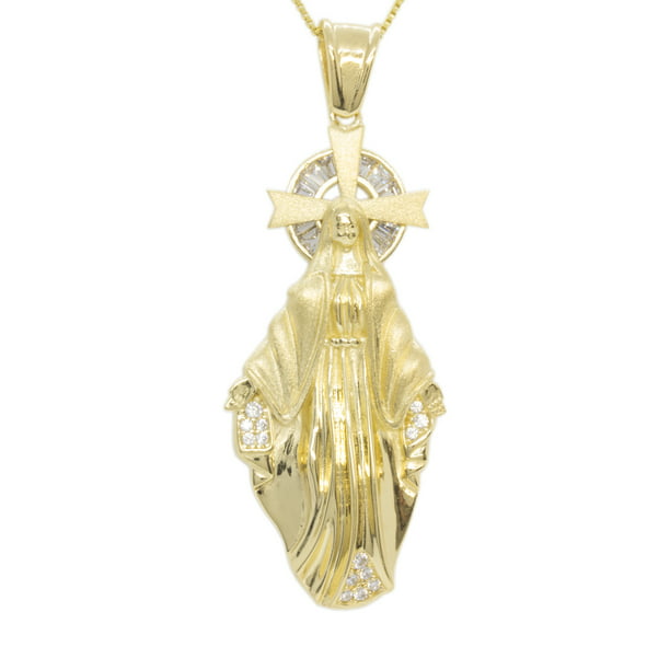 Miraculous Medal Pendant Necklace Santa Maria Pendant Virgin Mary Pendant  by JamesJenny Yellow Gold Plated Solid 925 Sterling Silver High Grade CZ