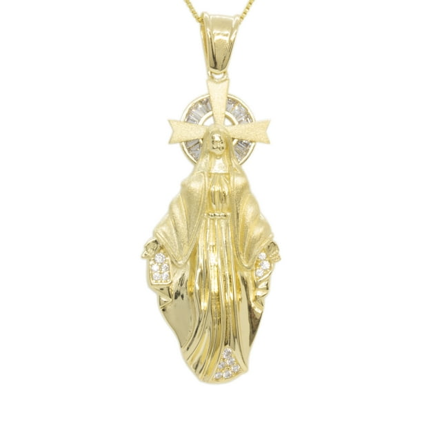 Miraculous Medal Pendant Necklace Santa Maria Pendant Virgin Mary Pendant by JamesJenny Yellow Gold Plated Solid 925 Sterling Silver High Grade CZ