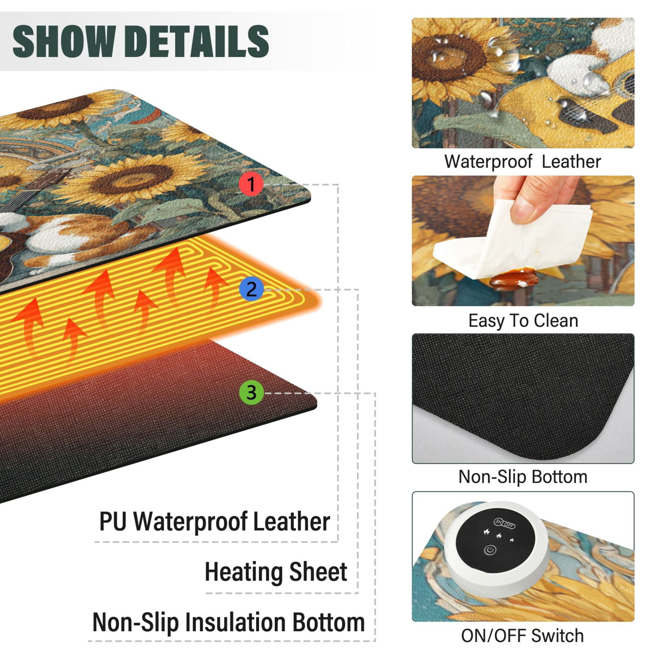 Large Heated Desk Mat Mouse Pad 31.5"x13"PU Leather Graphene Heating Desk Warmer with 3 Temperature Settings 110V US Plug Non-Slip Warm Pad for Home, Office, and Gaming Orange Cat Playing Guitar