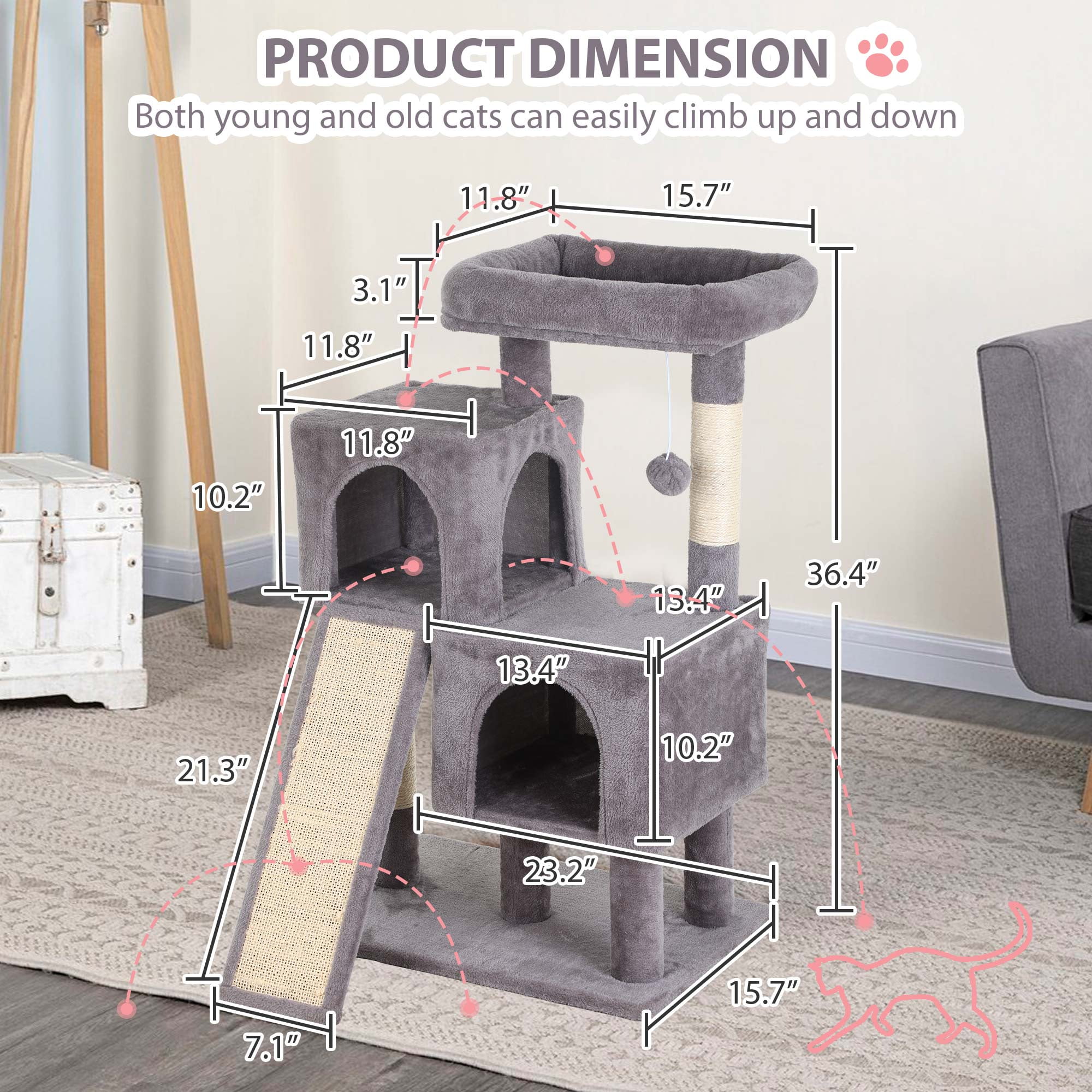 CL.HPAHKL Modern Small Cat Tree Tower with Dual Condos, 36 Inches Cat Tower with Scratching Post Multi-Level Cat Furniture Condo with Ramp for Indoor Cats Cat Cave Beds for Kittens, Ashy
