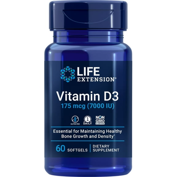 Life Extension Vitamin D3 175 mcg (7000 IU), immune system support, bone health, brain performance, gluten-free, non-GMO, once daily, two-month supply, 60 softgels