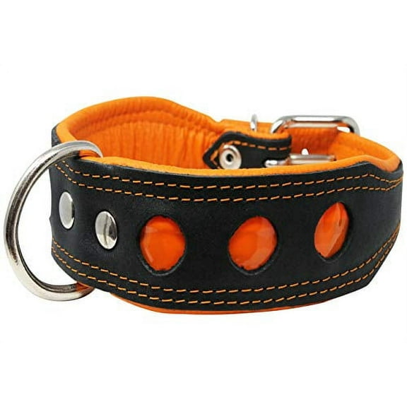 Real Leather Soft Leather Padded Dog Collar Reflective (15"-17" Neck; 1.75" Wide, Black/Orange)