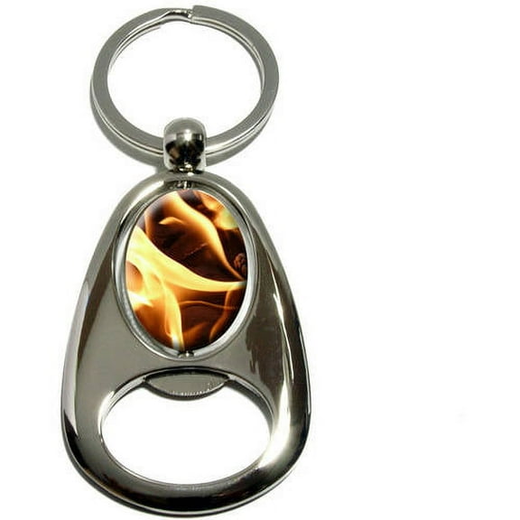 BBQ Barbecue Charcoals Coals Fire Flame, Chrome Plated Metal Spinning Oval Design Bottle Opener Keychain Key Ring