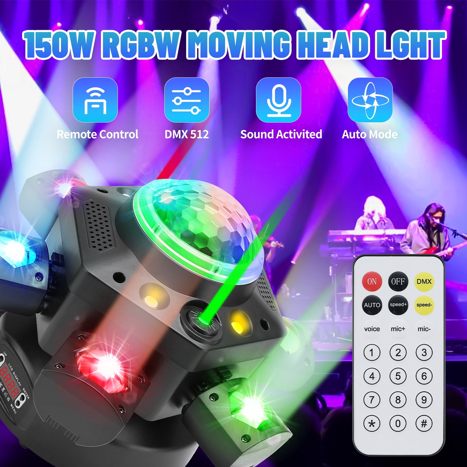 Moving Head DJ Lights, 6 Arm RGBW LED 150W Disco Stage Light with Mixed Lighting Effects, Sound Activated, DMX 512 Remote Control DJ Lights for Disco Club Wedding Party (Kaleidoscope)