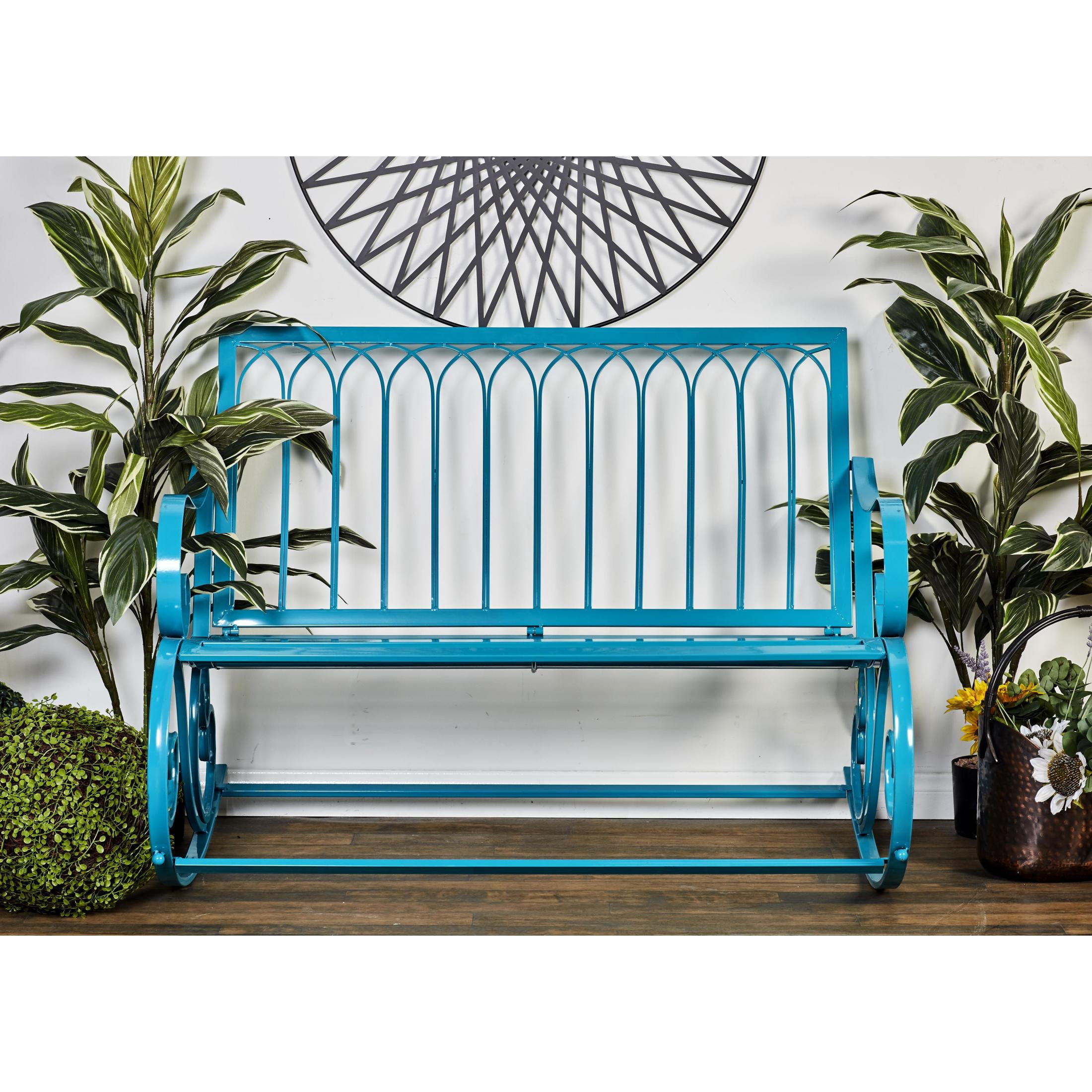 DecMode Metal Scroll Rocking Outdoor Bench, Teal