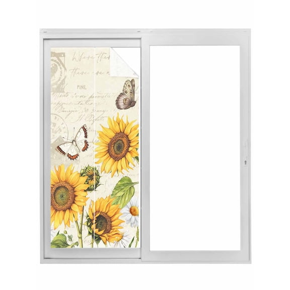 Non-Adhesive Static Cling Window Tint, Retro Sunflowers Window Privacy Film Frosted, Rustic Floral Butterflies Spring Summer Insulated Windows Frosted Films for Living room, 35.4 x 78.7 Inches