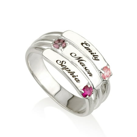 3 Stone Flowers Ring - Mothers Ring Engraved Birthstone Ring 3 Stones Ring -925 Sterling Silver - Personalized & Custom Made