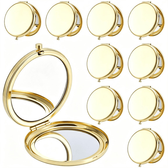 BESTSKY 10 Pcs Small Folding Makeup Pocket Mirror,Golden Double-Sided 1X/2X Magnifying Round Metal Mirrors for Women Travel Work Date Gold Compact Mirror