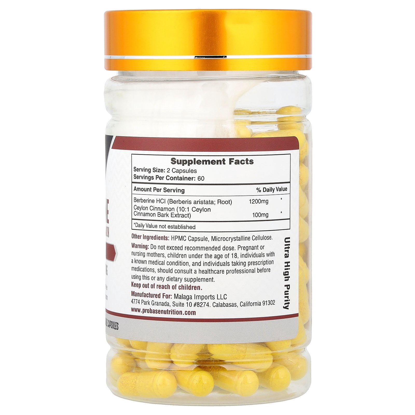 Probase Nutrition Berberine with Cinnamon Extract - Gluten Free and Vegan - 120 Capsules - 1200mg per Serving