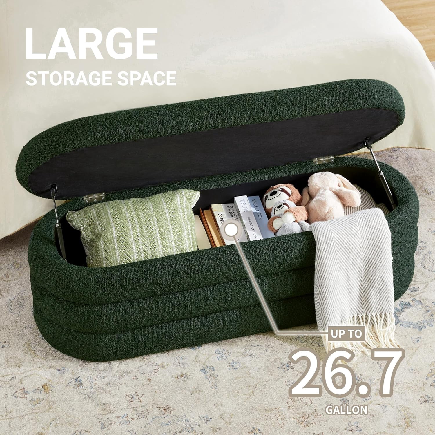 Gericco 49.2 Inch Upholstered Fabric Storage Bench for Bedroomwith Ample Storage Space, Dark Green