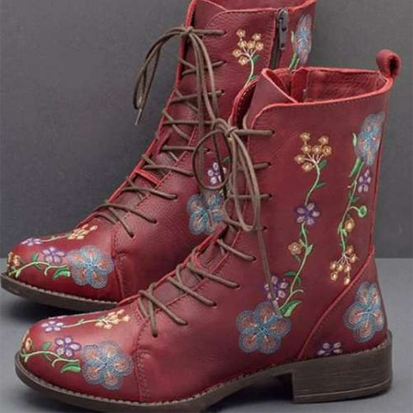 Today Discount ! Aqestyerly Women Winter Boots Women's Printed Embroidered Boots Over Feet Round Toe Chunky Ankle Boots