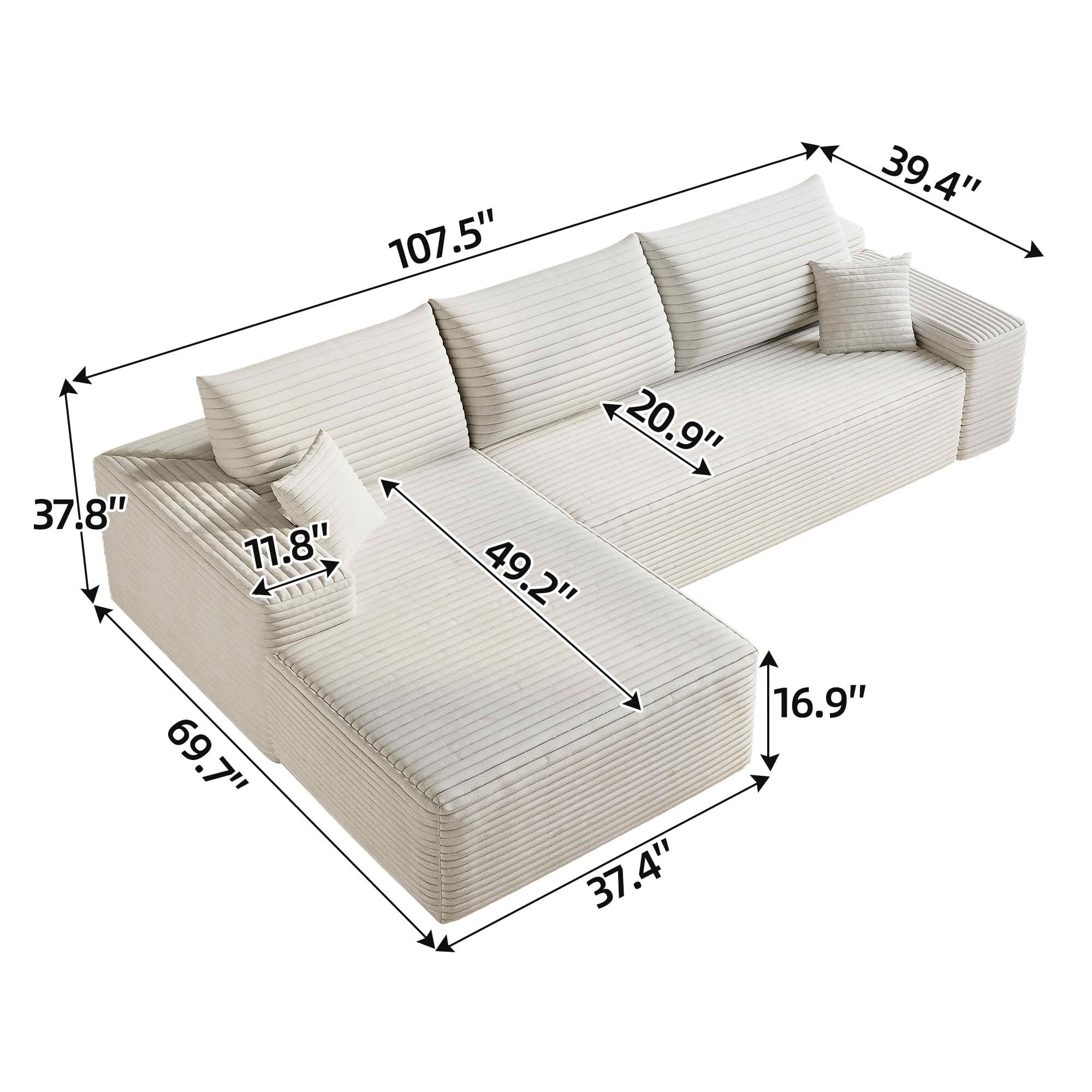 MAYEERTY 107" Cloud L-Shaped Modular Sectional Sofa with Left Facing Chaise, Plush Corduroy Deep Seat 3-Seater Couch, Cloud Sofa for Living Room, Apartment & Bedroom, No Assembly Required, White