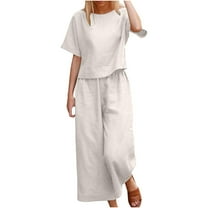 REORIAFEE Women Outfits Summer Casual Vacation Set Beach Outfits Women Fashion Round Neck Short Sleeve Tops Pants Casual Suit White L