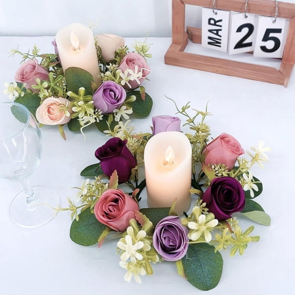 Flowers - Small Candle Rings for Tables - Realistic Rose Garland Centerpiece for Weddings Home and Floral Arrangements, 9 inch, ColorC