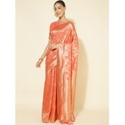 Janasya Women's Peach Chanderi Silk Floral Saree with Unstitched Blouse Piece