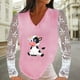 thumbnail image 2 of Mujeres Casual Vaca Impreso Cuello en V Encaje Empalme Manga larga Jersey Blusa Camiseta Tops Fridja  hkj4249, 2 of 5