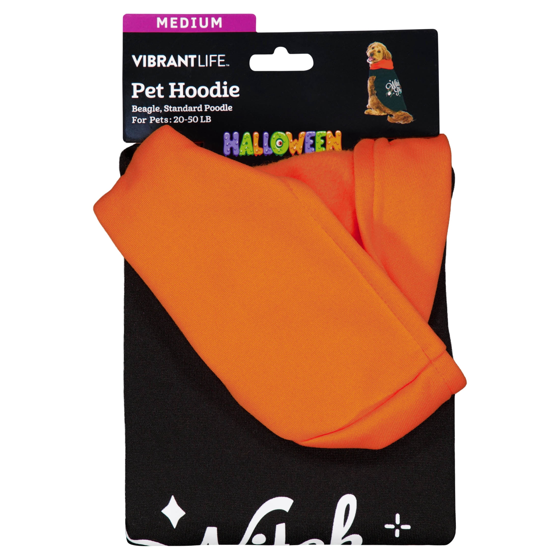 Vibrant Life Halloween Hoodie for Dogs, Witch Please, Orange and Black, M