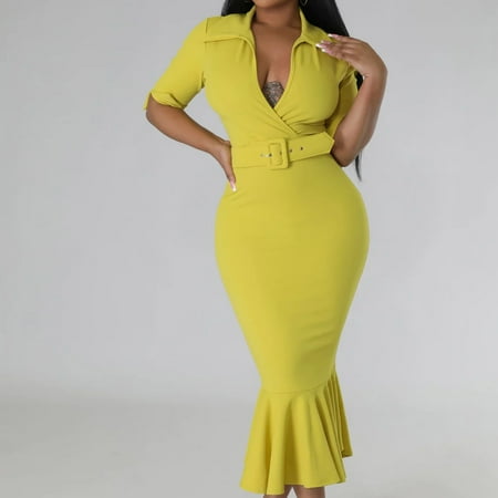 Usdian Graduation Dress V-Neck Short Sleeve Lightweight Slim Fit Boho Dresses Boho Dresses Stylish Solid for Traveling Yellow L Womens Summer Dresses Clearance Sale