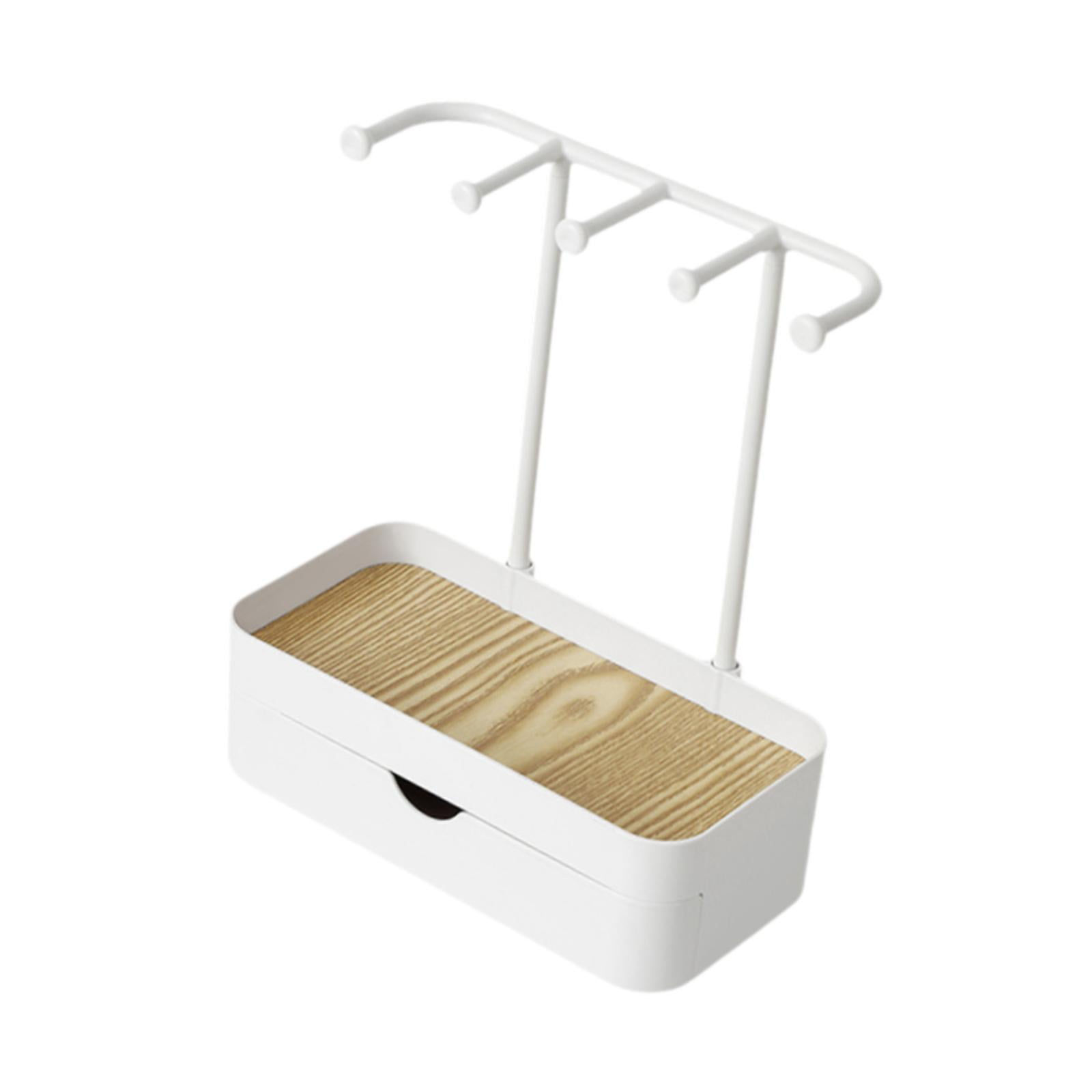 FVDPWYE Hanging Jewelry Stand Organizer with Wooden Tray Keychain 5 Hooks Storage Drawer White