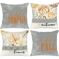 16x16 Fall Pillow Covers Set of 4, Hello Pumpkin Decorative Holiday 16 x 16 Autumn Cushion Covers Thanksgiving Pillow Case for Indoor Home Bedroom Couch Sofa Decor Grey