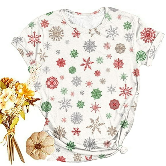 EQWLJWE Christmas Shirts for Women Funny Print Womens Christmas Color Snowflake Print Tshirts Clothes Tops Xmas Fall Winter Sweatshirt Fall Clothes For Women 2023 Clearance