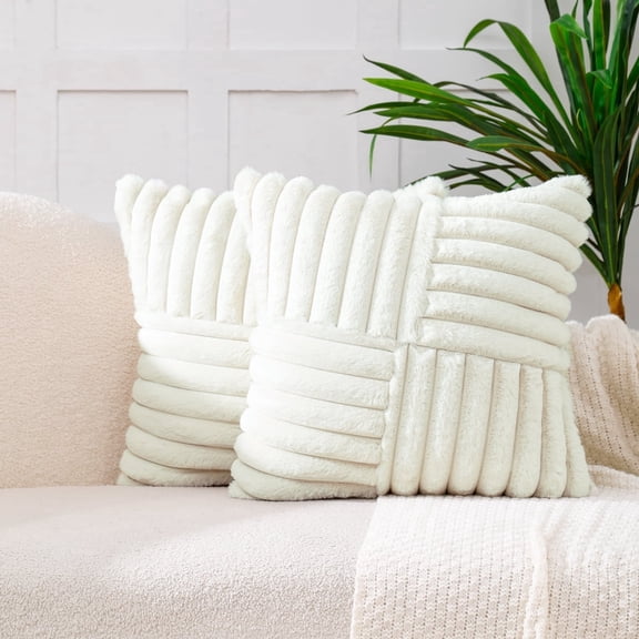 All Smiles Couch Decorative Throw Pillow Covers 18x18 Set of 2 Faux Fur Plush Soft Fluffy Velvet Cushion Case Cozy Fuzzy Striped Pillowcase Home Decor for Sofa Living Room Bedroom,Beige