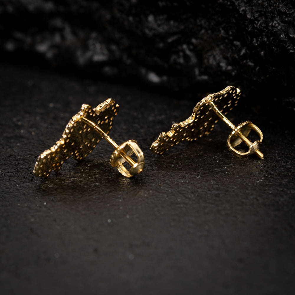 Retro 90's Hip Hop Solid 14K Yellow Gold Plated 925 Sterling Silver Screw Back Post Men’s Diamond Cut Stud Cz Iced Solid Nugget Earrings