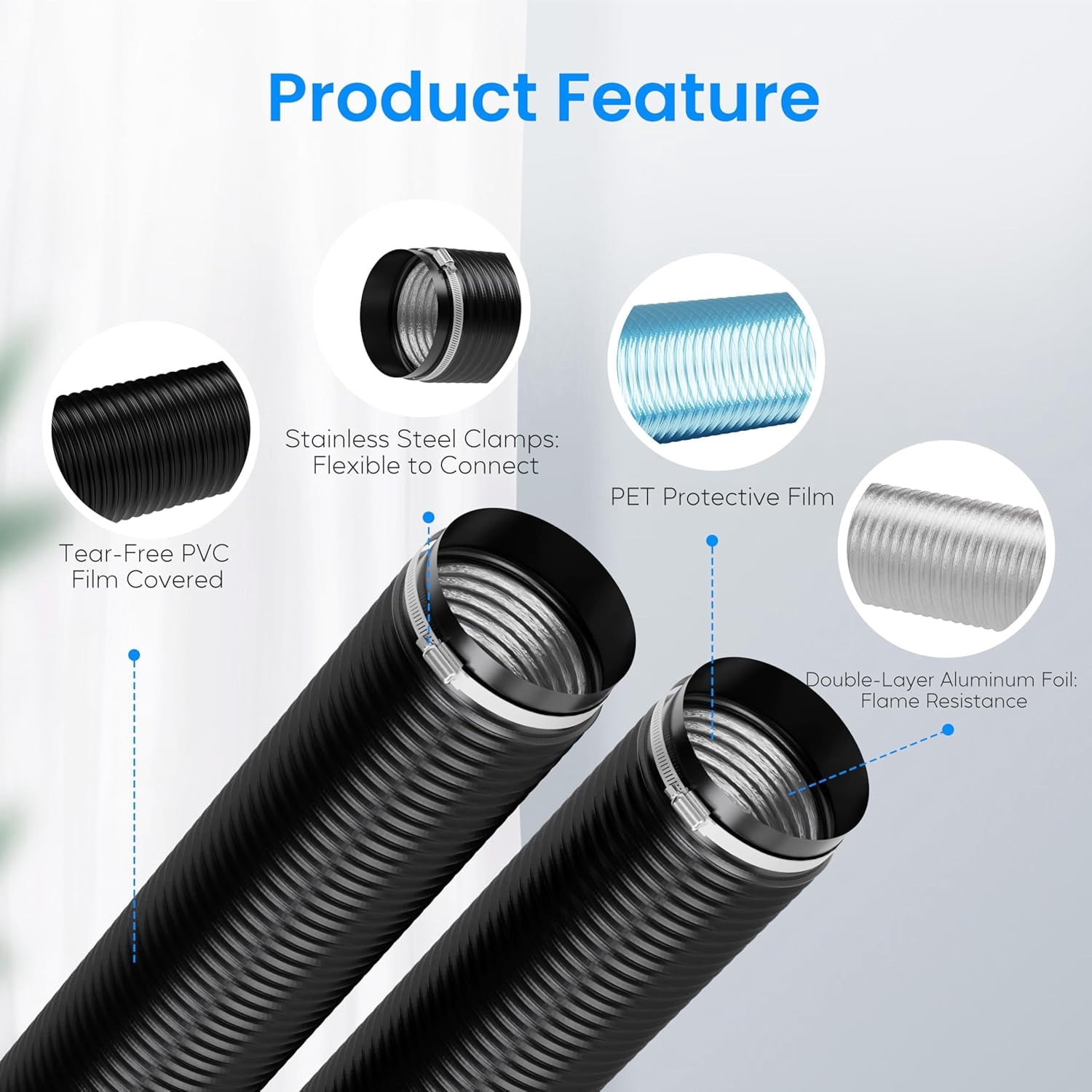MKEUDQ-6 Inch 8 Feet PVC Flexible Air Aluminum Ducting, Long Vent Hose includes 2 Clamps for HVAC Ventilation and Exhaust, Black