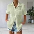 thumbnail image 4 of Women Button Down Short Sleeve Shirts Collared Textured Summer Blouse Casual Tops with Pockets Light Green L, 4 of 7