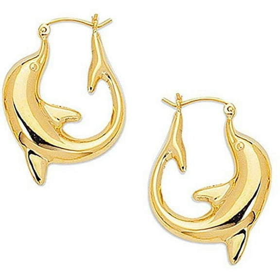 JewelStop 14K Yellow Gold Dolphin Hoop Earrings - 18x22 mm, 1.5gr.